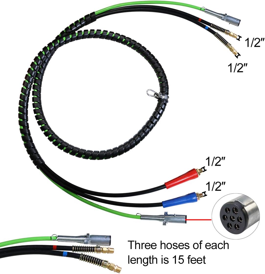 15ft 3 in 1 ABS & Power Air Line Hose Wrap 7 Way Electrical Cable with Handle Grip V461489