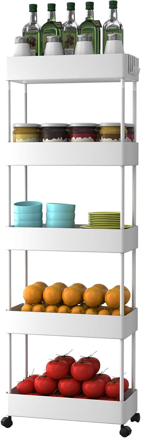 White 5 Tier Slim Rolling Utility Cart T980