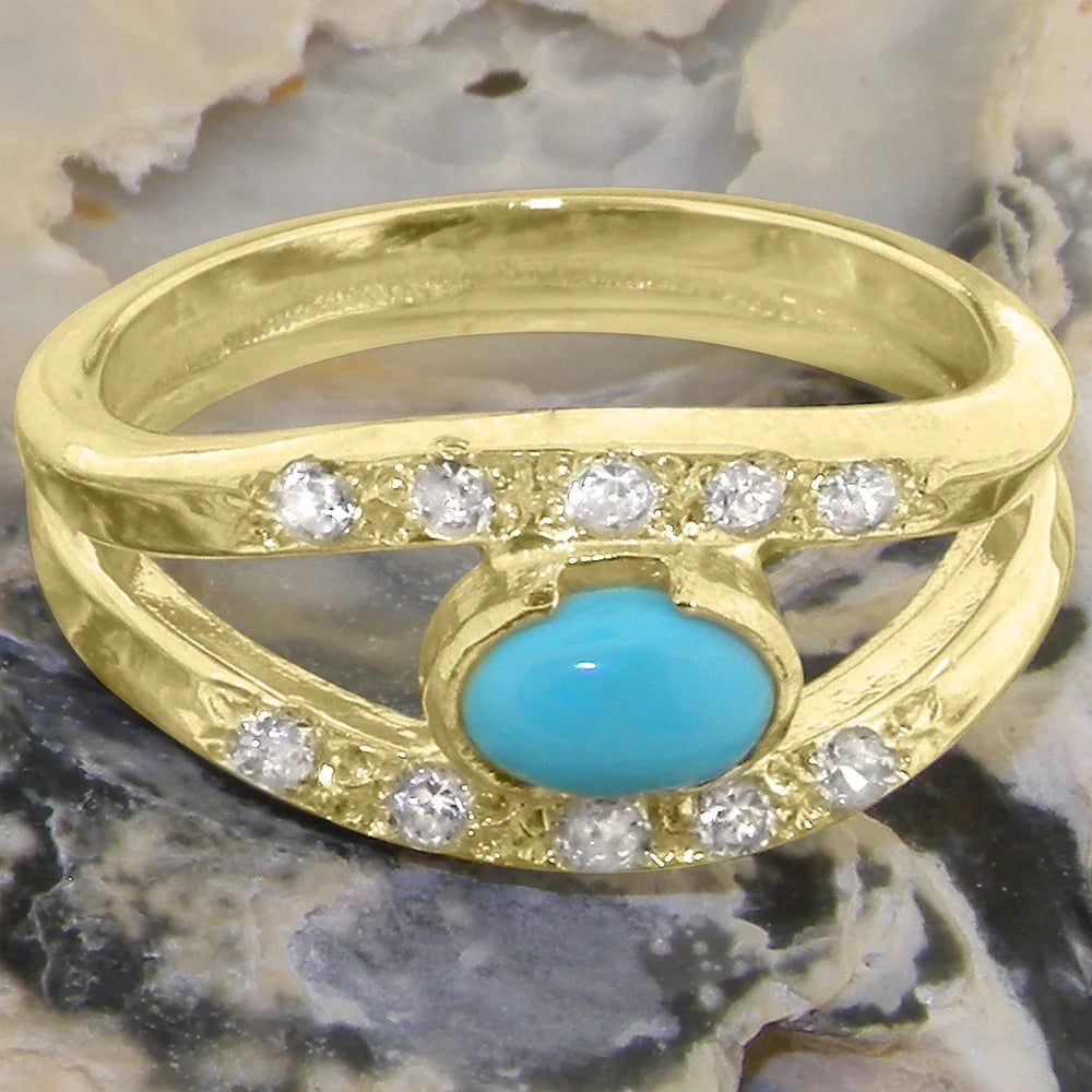 9k Yellow Gold Turquoise Diamond Womens Band Ring X536643