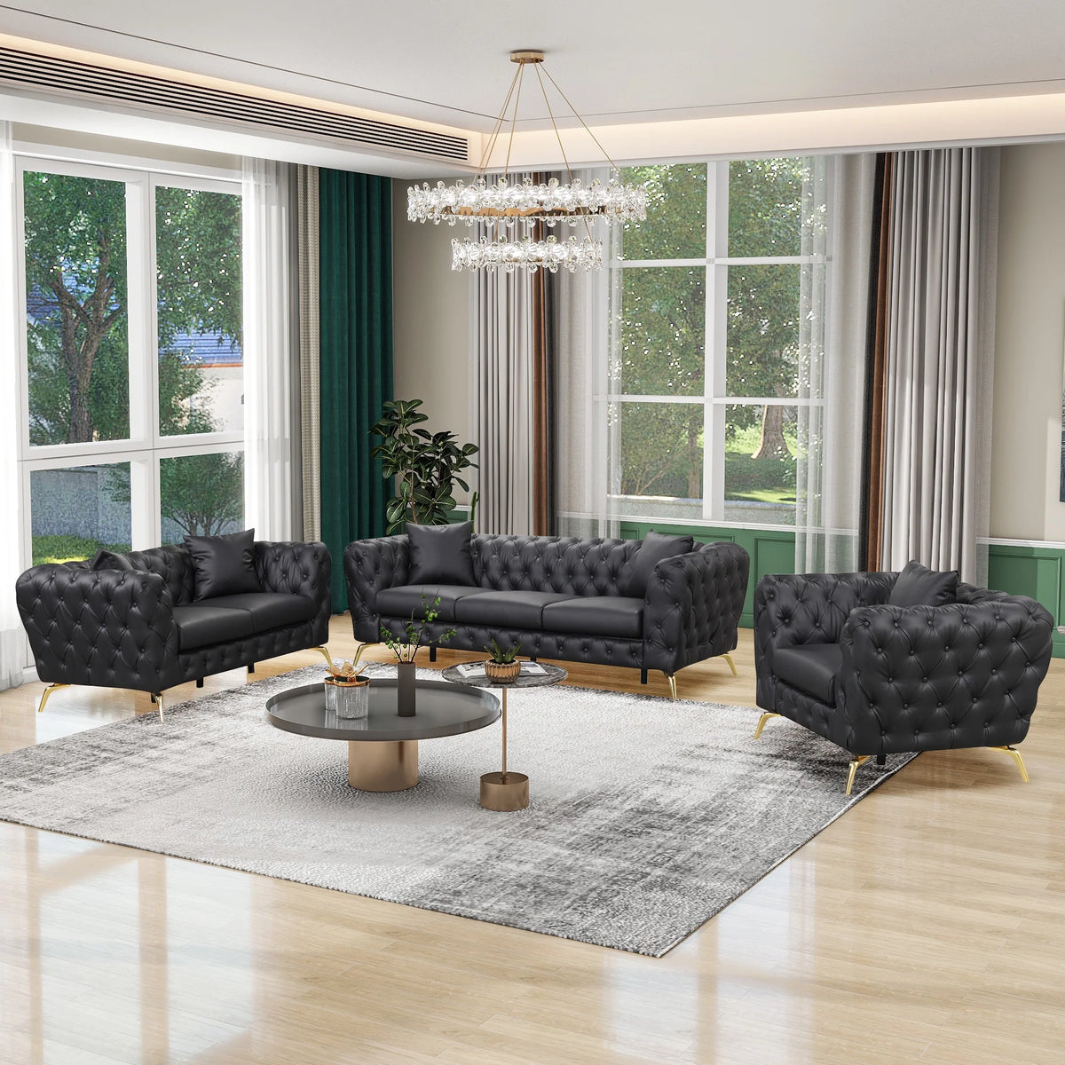 Black PU Upholstered Loveseat Sofa with Metal Legs O94779
