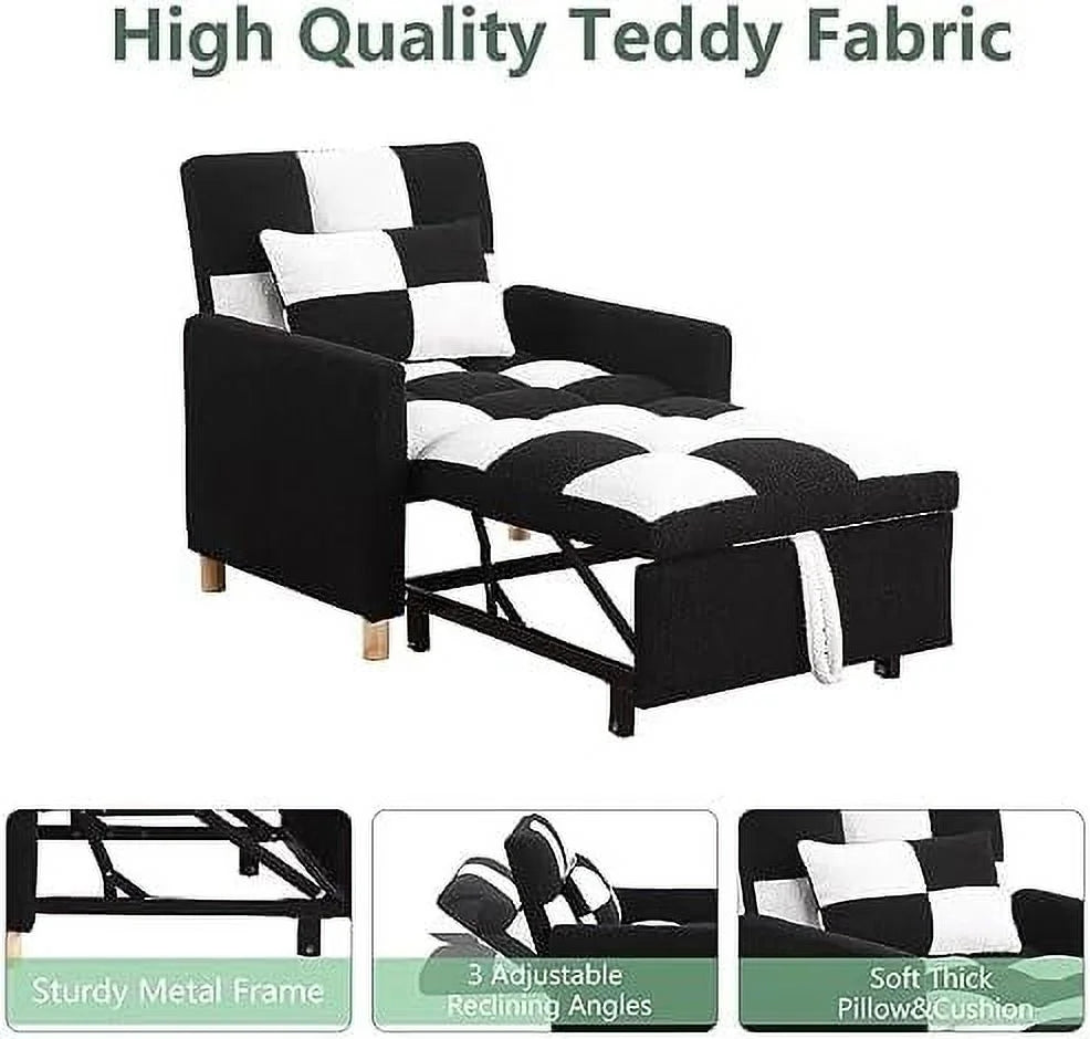 Convertible Chair Bed 3-in-1 Sleeper Single Sofa Chair Bed with Pillow Adjustable Backrest Recliner with Soft Teddy Fabric Pull Out Sleeper Bed U382105