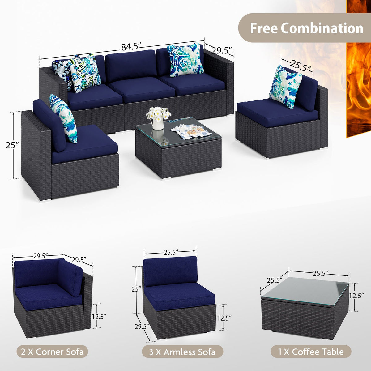 Navy Blue 6 Piece Patio Conversation Set G363