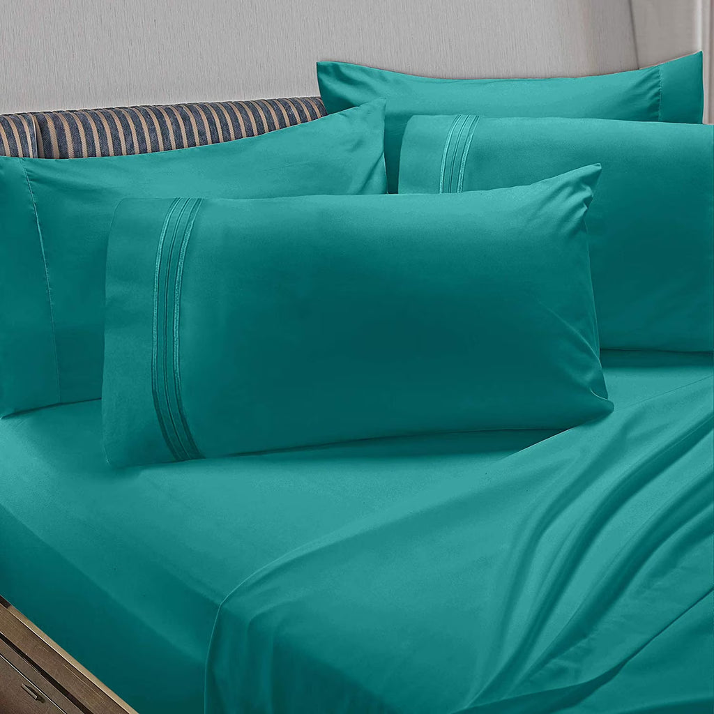 6 Piece California King Teal Microfiber Bed Sheet Set L237762