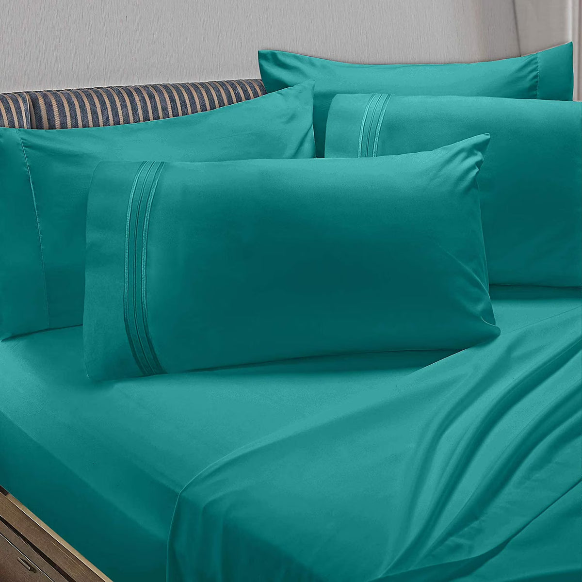 6 Piece California King Teal Microfiber Bed Sheet Set L237762