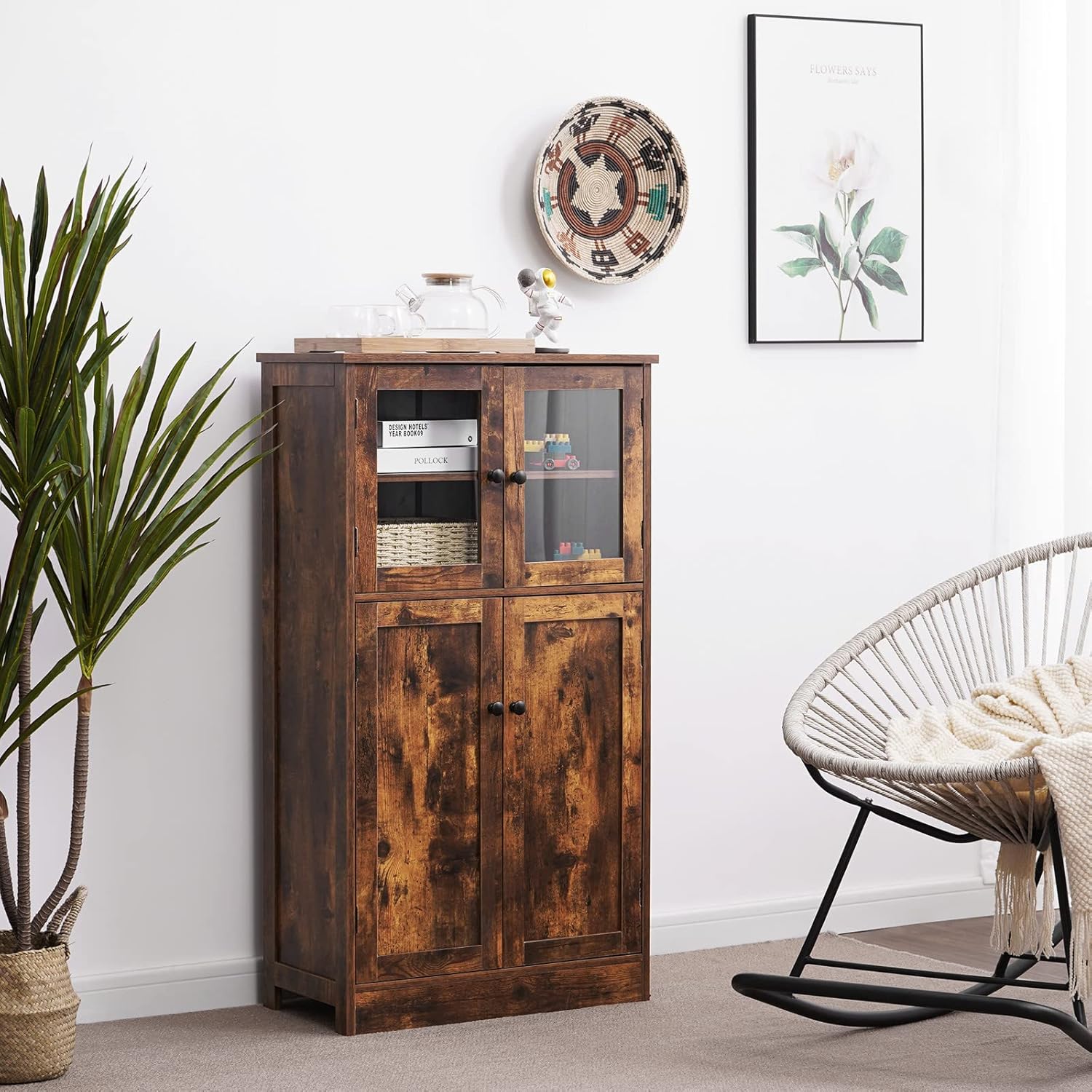 Rustic Brown Freestanding Storage Cabinet with Glass Door and Adjustable Shelf V28557