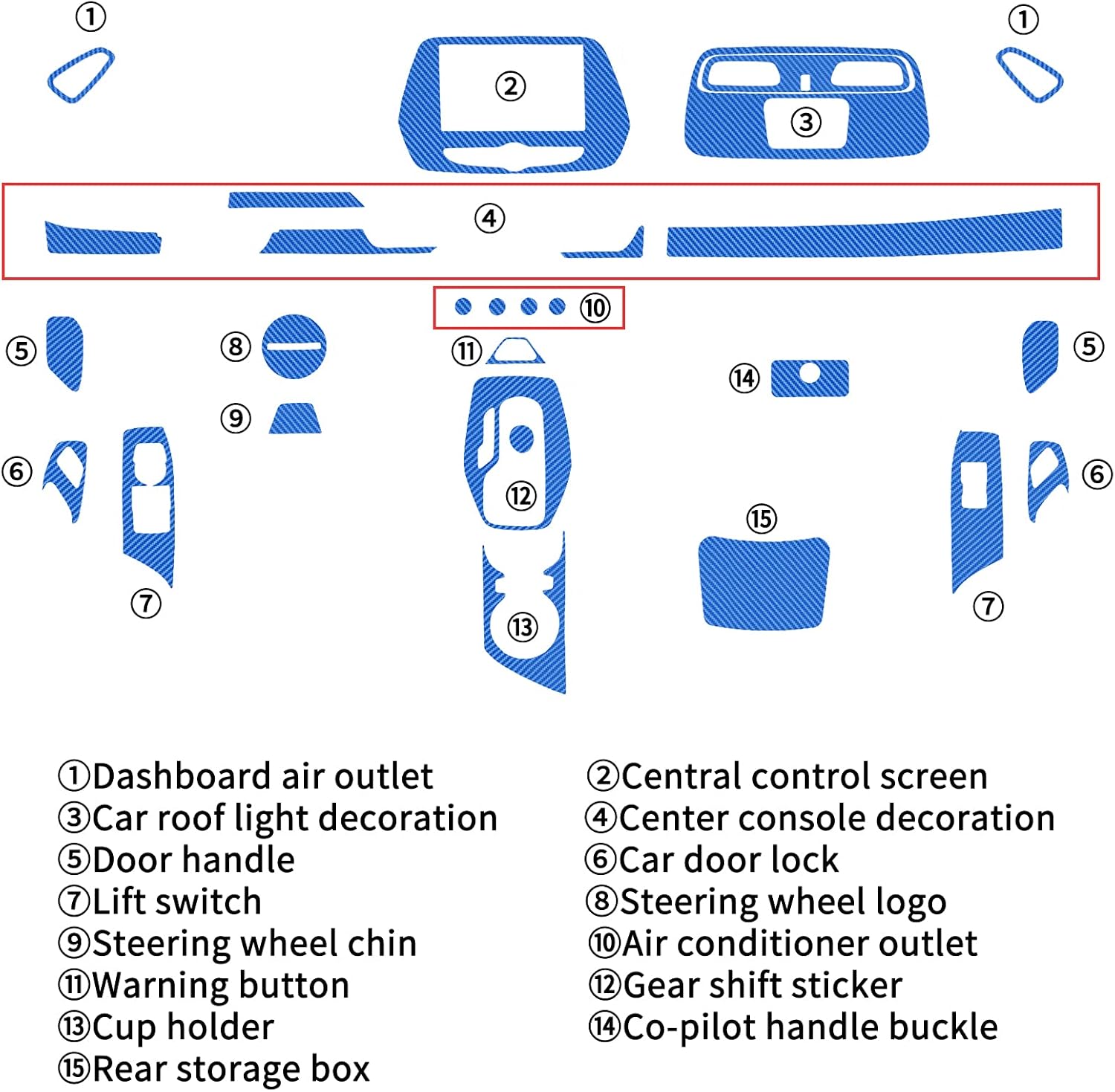 Carbon Fiber Texture Vinyl Wrap Center Console Dashboard Cover for Chevrolet Camaro 28PCS Blue O995138