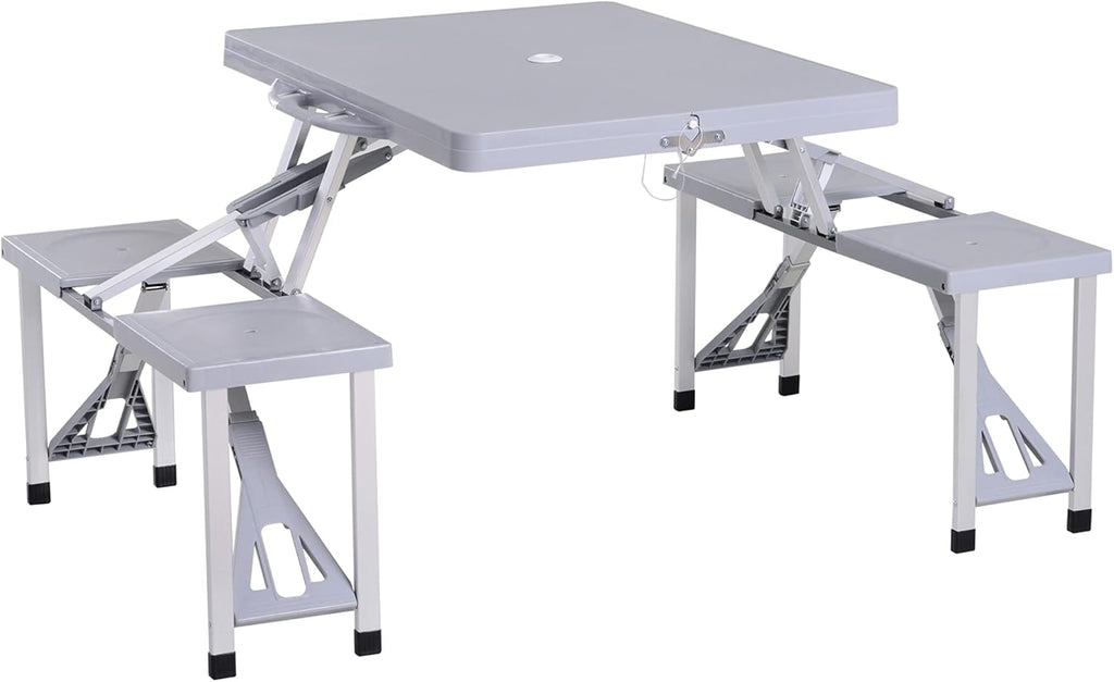 Blue 4-Seats Aluminum Fold Up Picnic Table Set with Four Chairs and Umbrella Hole Y702601