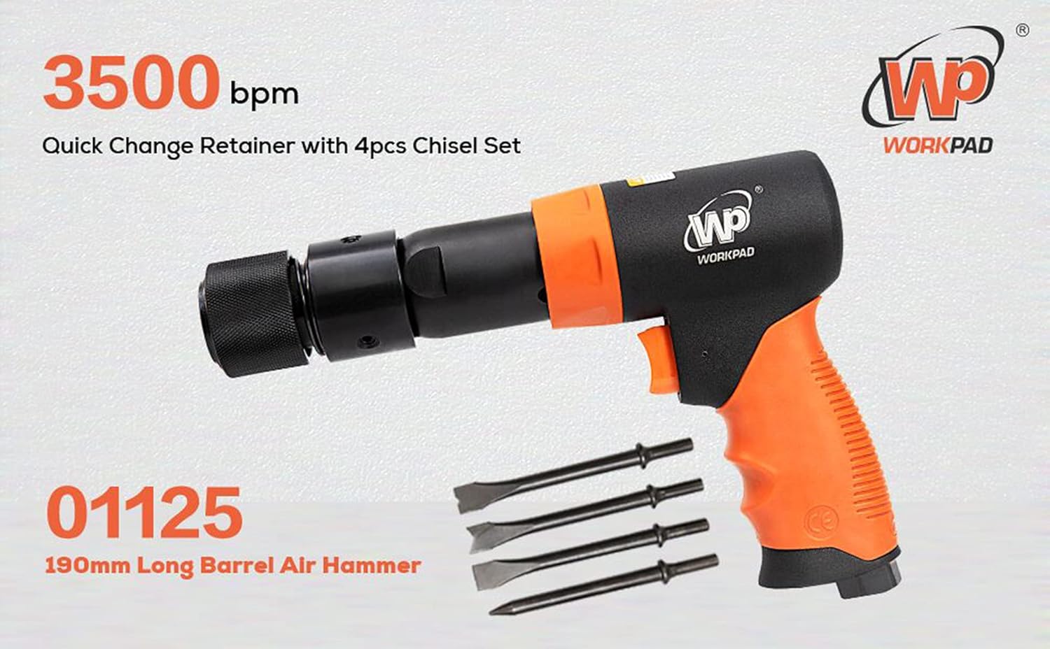 190mm Long Barrel Air Hammer with Quick Change Chisel Retainer and 4-Piece Chisels Set M9229