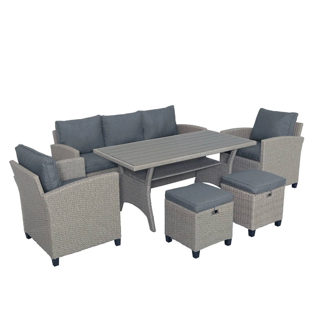 6pcs Outdoor Rattan Wicker Patio Furniture Set with Grey Cushion U884