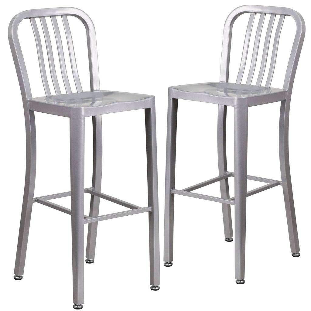 2 Pack 30x22 High Silver Metal Barstool with Vertical Slat Back G28739
