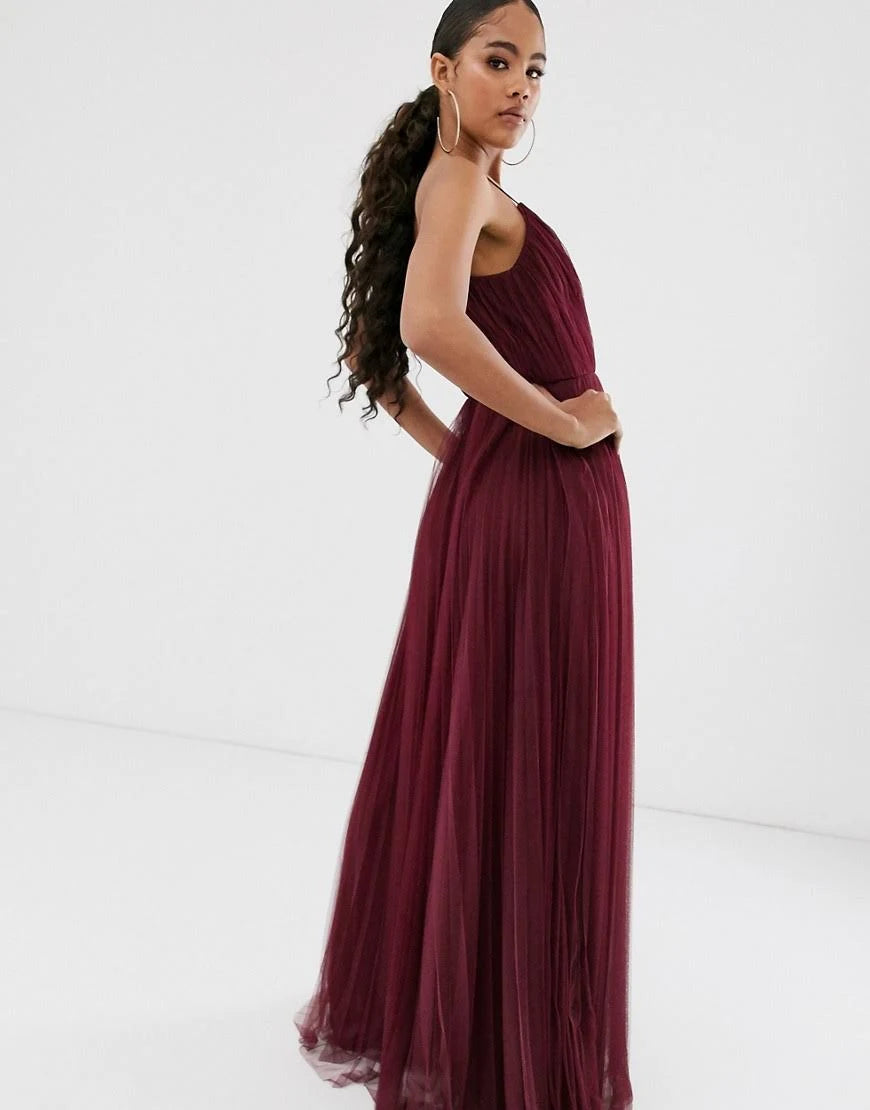 Tall Cami Pleated Tulle Maxi Dress in oxblood-Red V246408