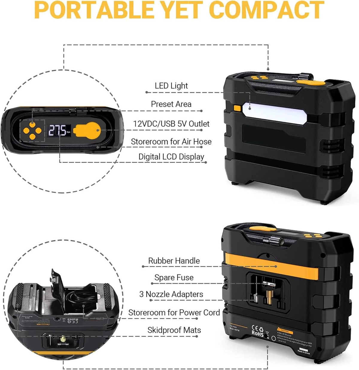 Yellow 2Pcs Portable Car Tire Inflator Air Compressor M8310