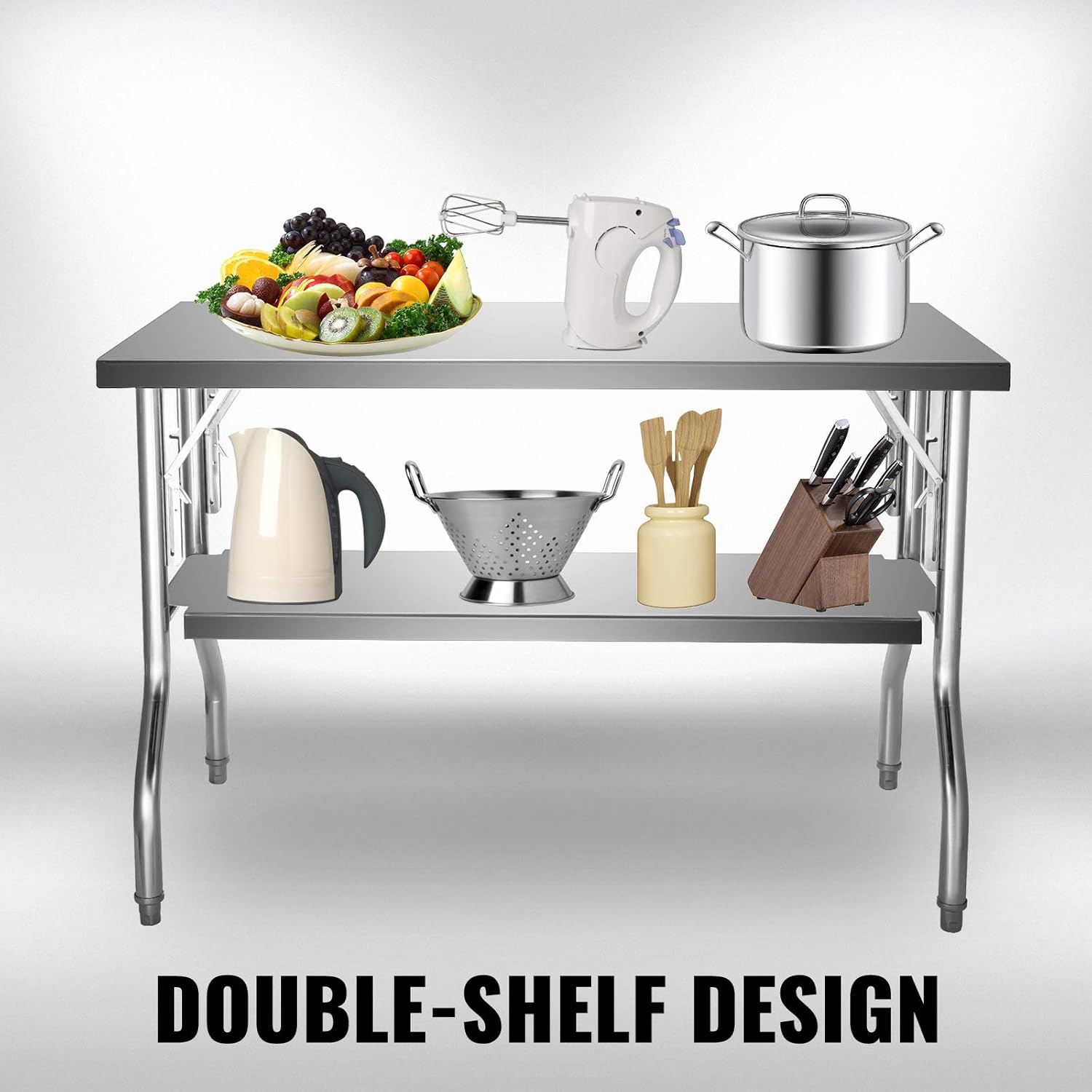 Silver Stainless Steel Double-Shelf Folding Work Table T915