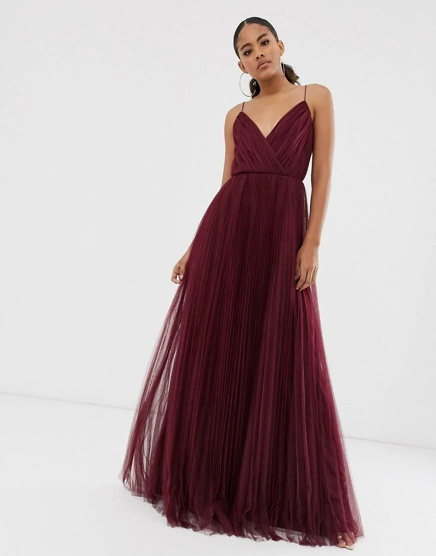 Tall Cami Pleated Tulle Maxi Dress in oxblood-Red V246408