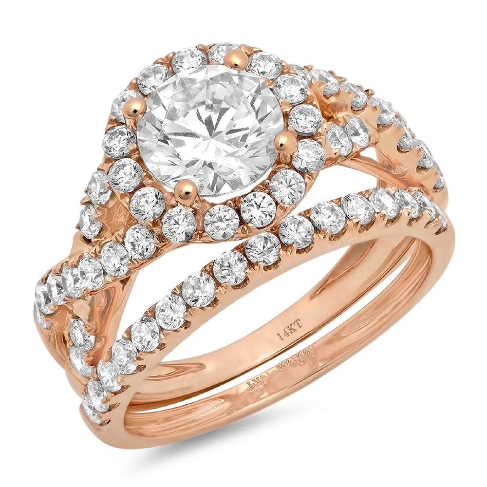 18K Rose Gold Halo Engagement Ring with Crystal Side Stones P16870