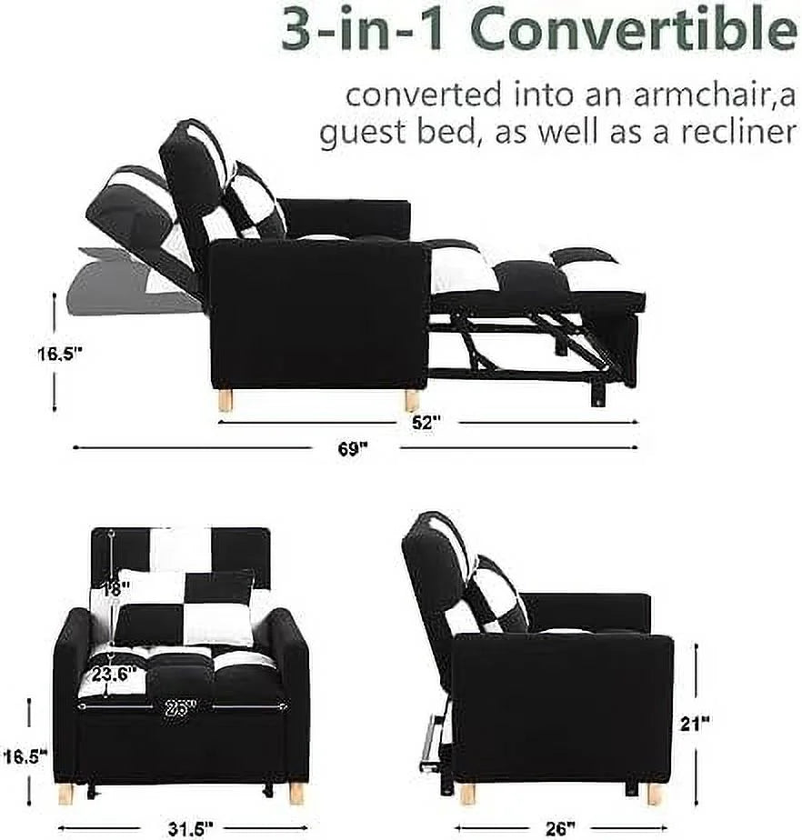 Convertible Chair Bed 3-in-1 Sleeper Single Sofa Chair Bed with Pillow Adjustable Backrest Recliner with Soft Teddy Fabric Pull Out Sleeper Bed U382105