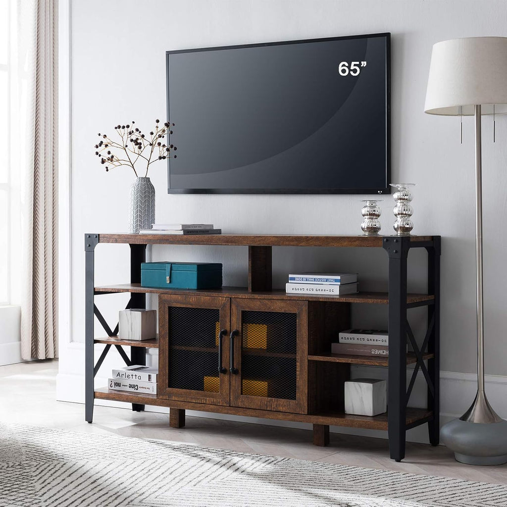 Large TV Stand with Metal Side X-Frame, Light Rustic Oak N165