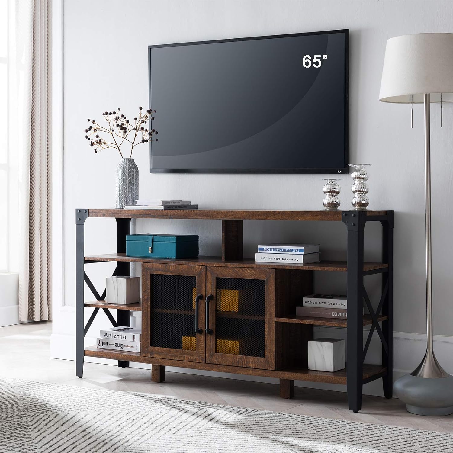 Large TV Stand with Metal Side X-Frame, Light Rustic Oak N165
