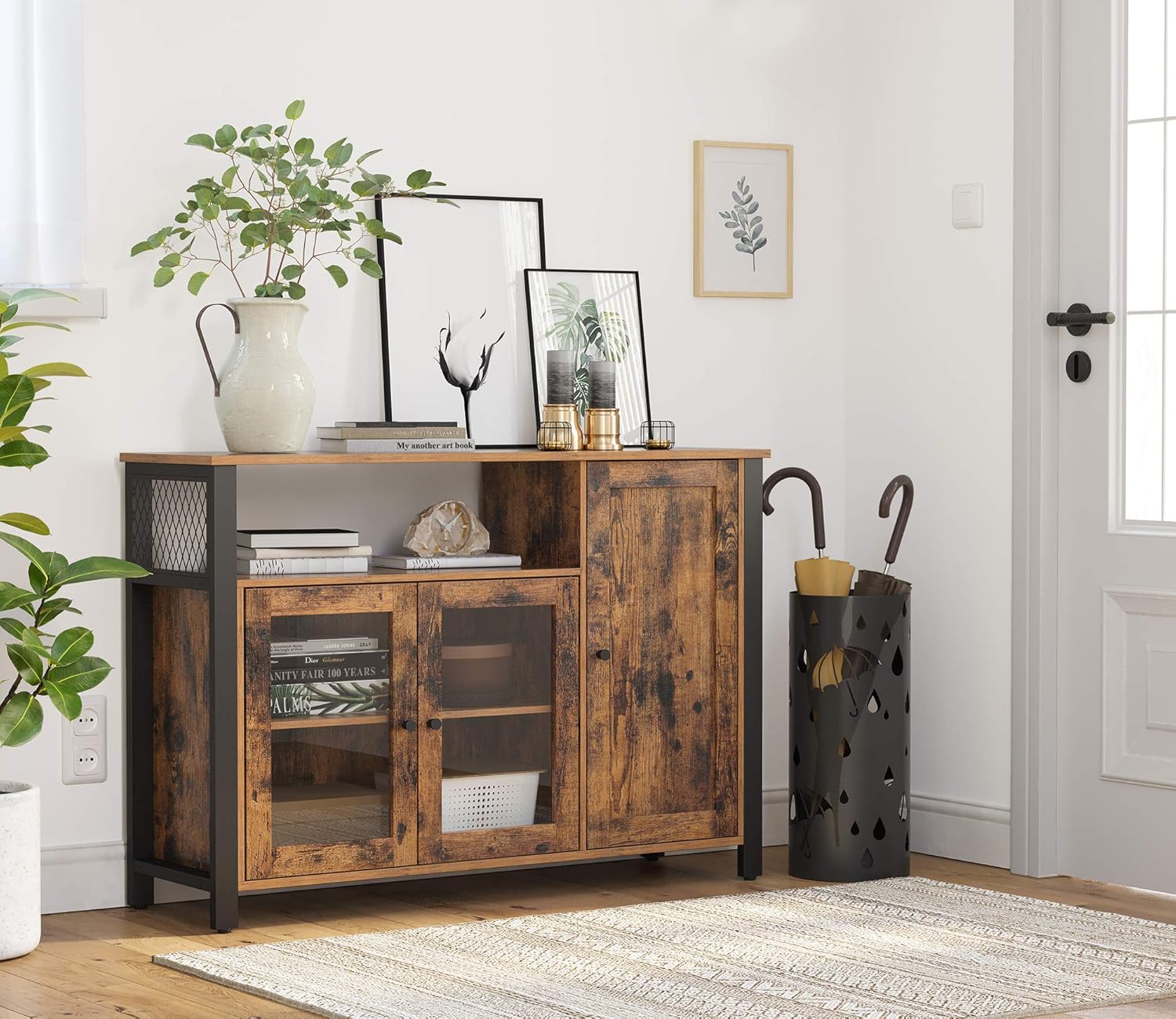 Rustic Brown and Black Floor Storage Cabinet with Transparent Doors V507497