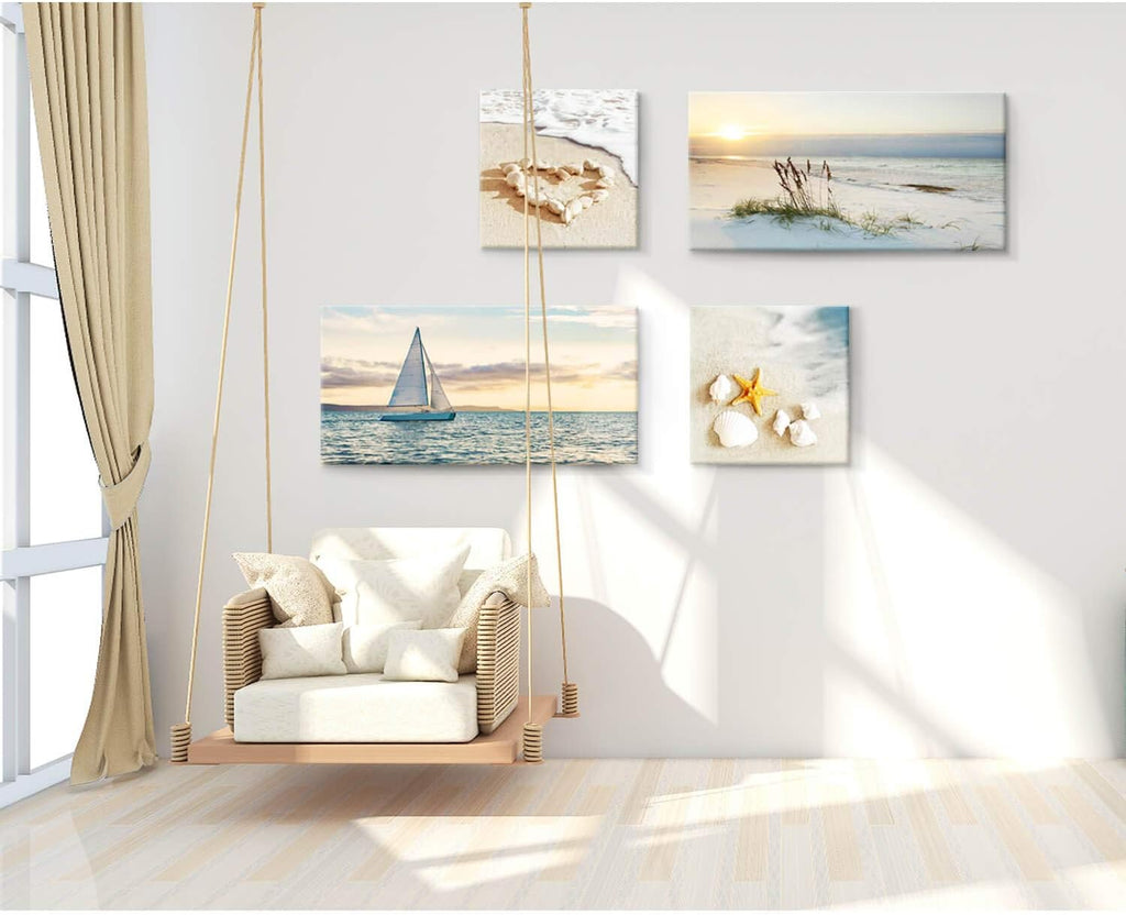 Sunset Canvas Art Seascape Painting with Sailboat Wall Art, 32'' x 16'' x 2 Panels + 16'' x 16'' x 2 Panels G213