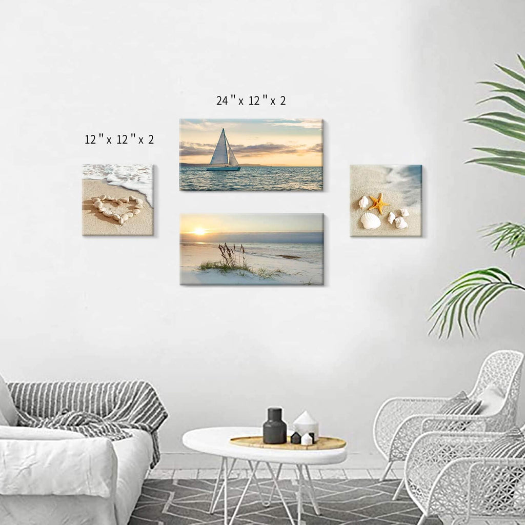 Sunset Canvas Art Seascape Painting with Sailboat Wall Art, 32'' x 16'' x 2 Panels + 16'' x 16'' x 2 Panels G213