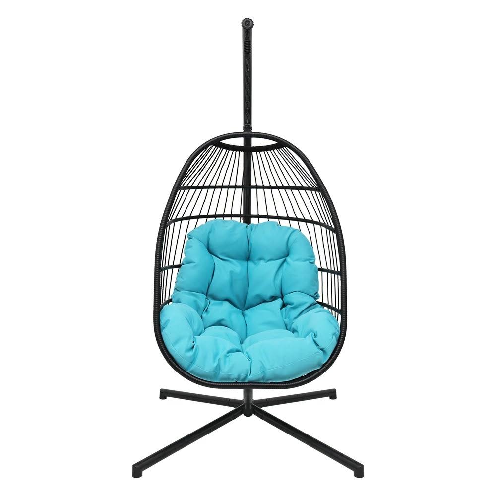 Blue Wicker Hanging Swing Chair with Cushion and Stand F9119
