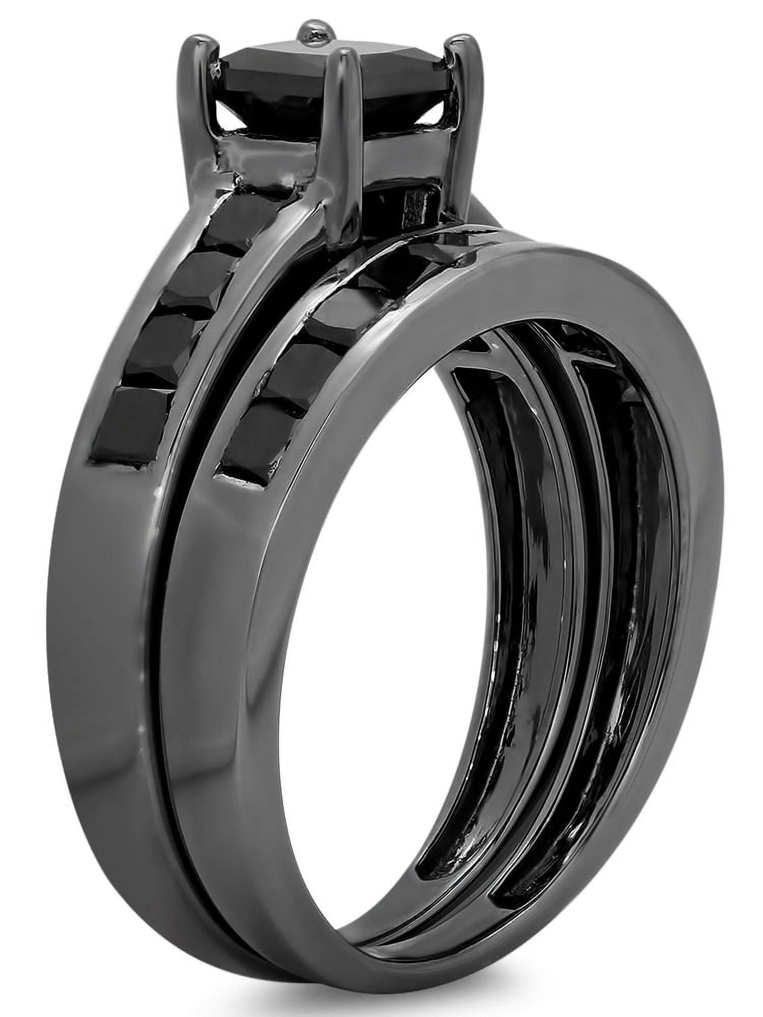 2.35 Carat Black Rhodium Plated Sterling Silver Black Diamond Engagement Ring Set F6235