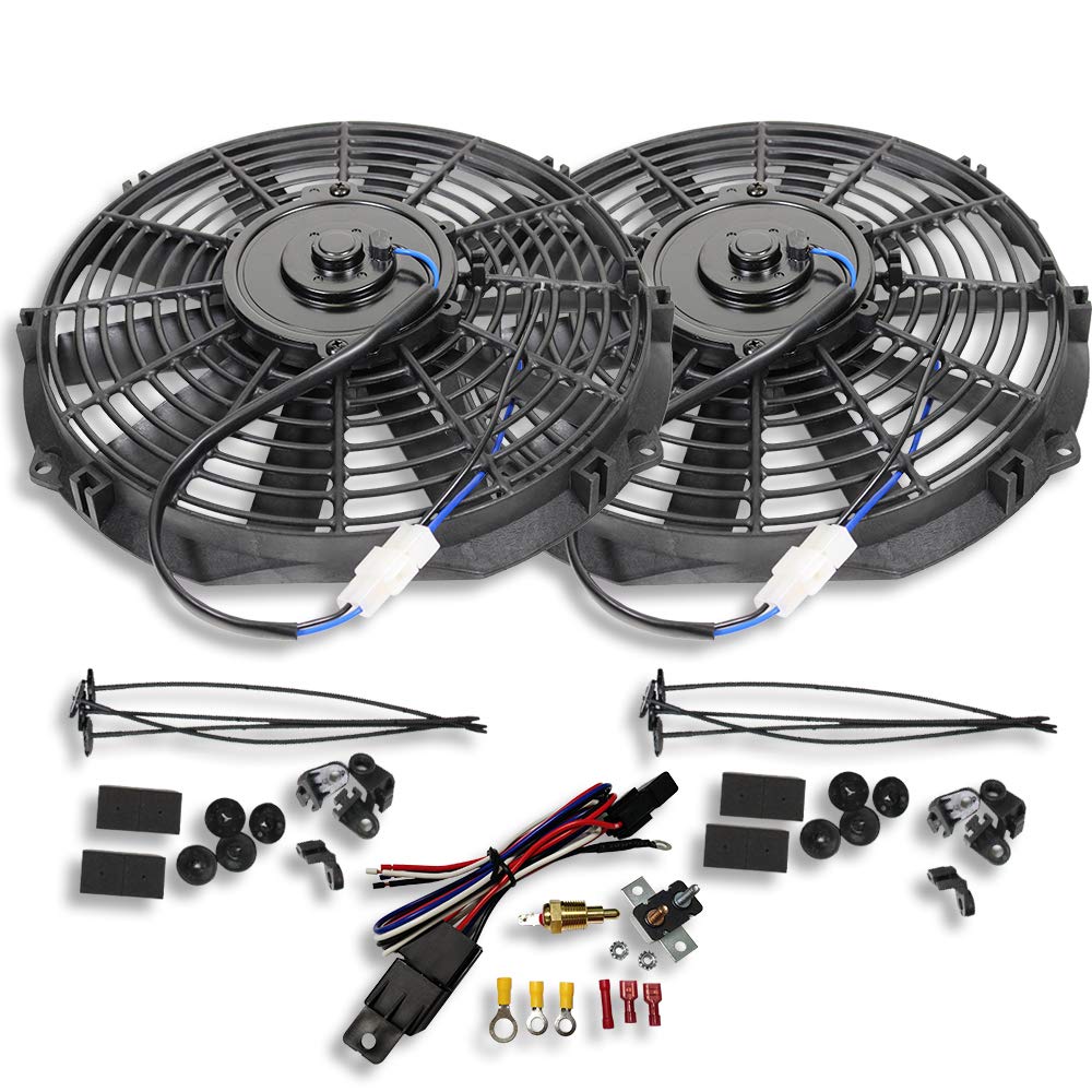 2pcs 10" Universal Electric Radiator Cooling Fan Straight Blade Reversible 1250CFM 12V Black Mounting Kit & Thermostat Switch Relay Kit N525856