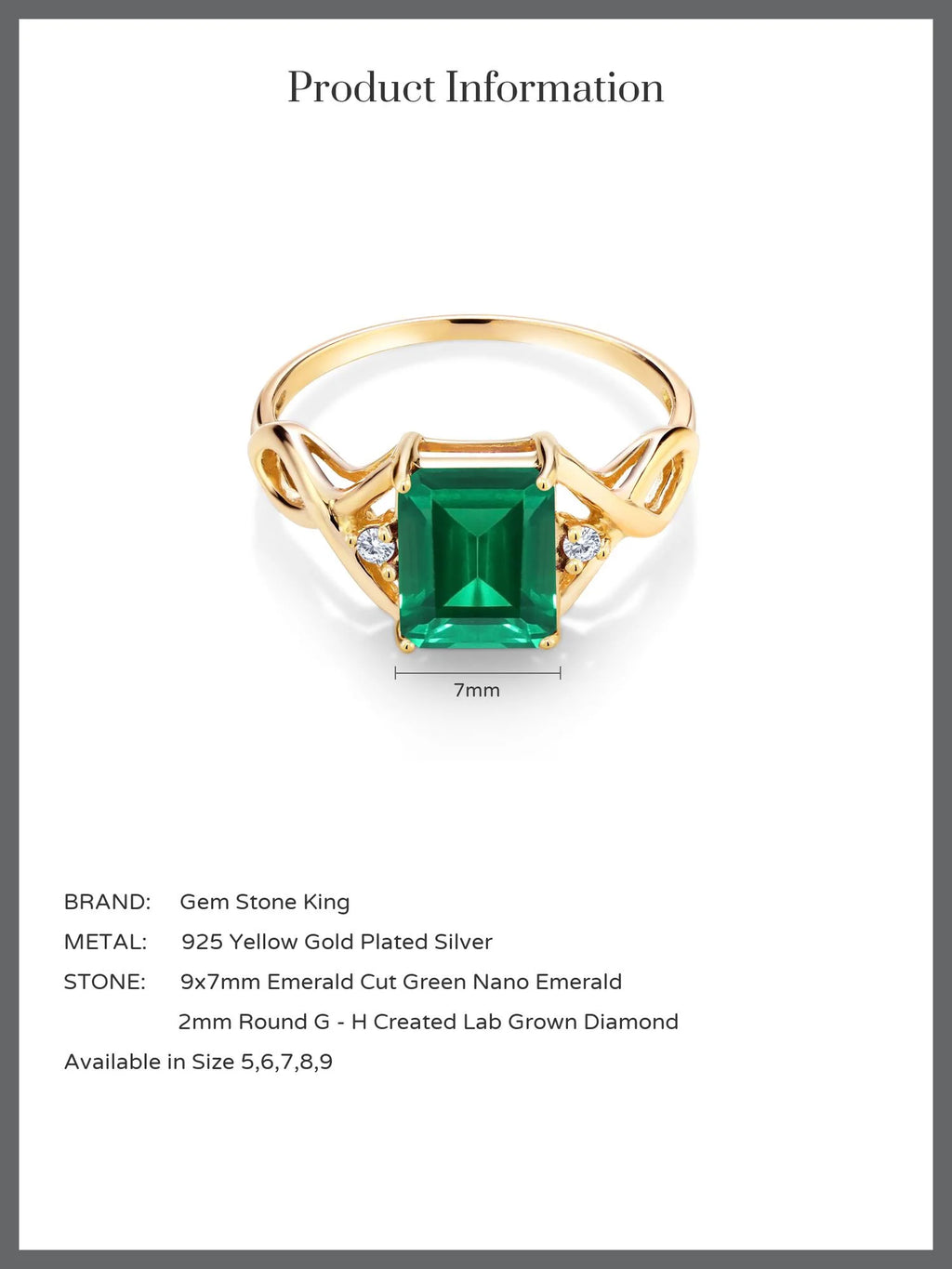 18K Yellow Gold Plated Silver Green Simulated Emerald and White Lab Grown Diamond Ring (2.03 Cttw) N403