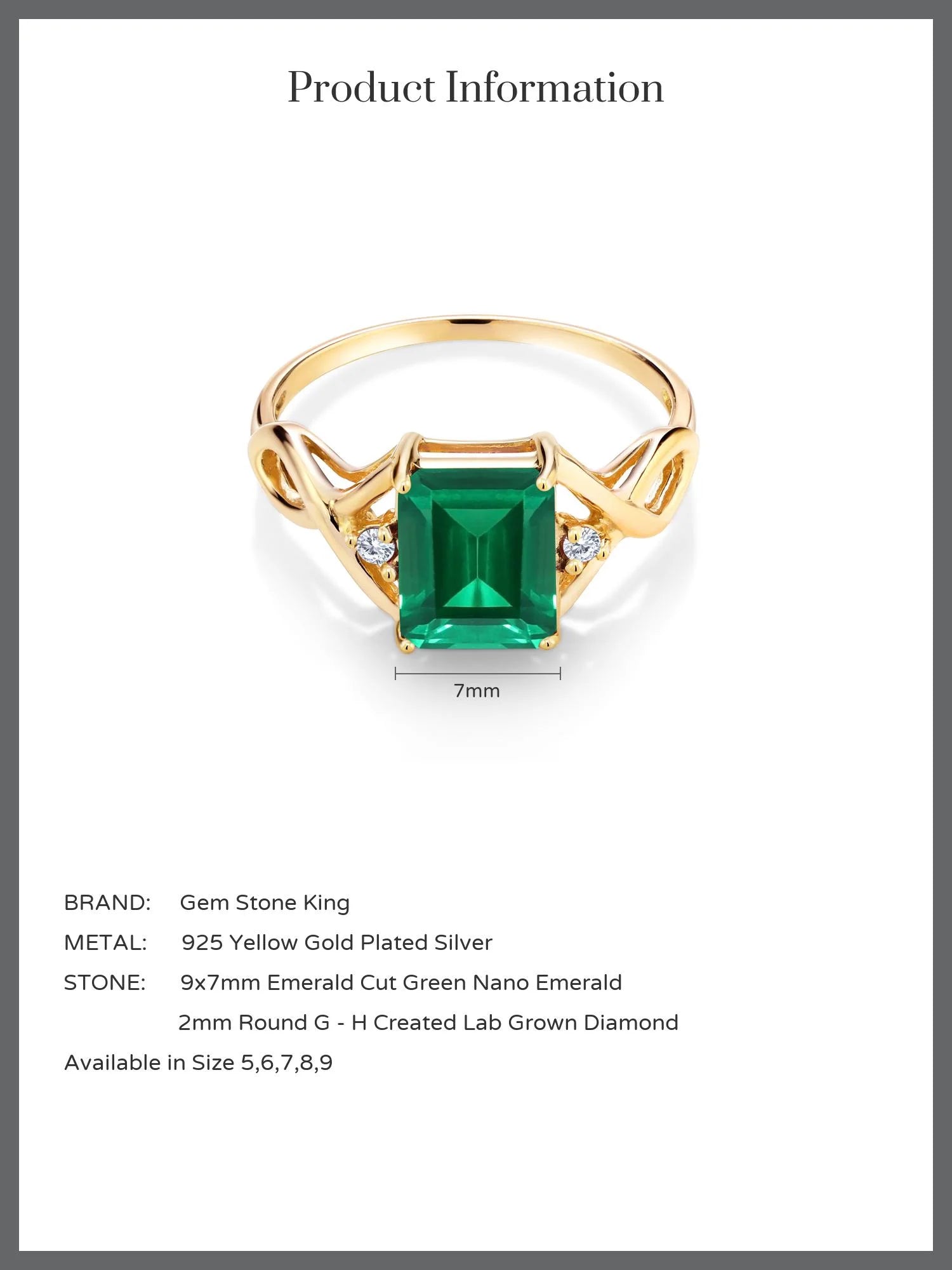 18K Yellow Gold Plated Silver Green Simulated Emerald and White Lab Grown Diamond Ring (2.03 Cttw) N403