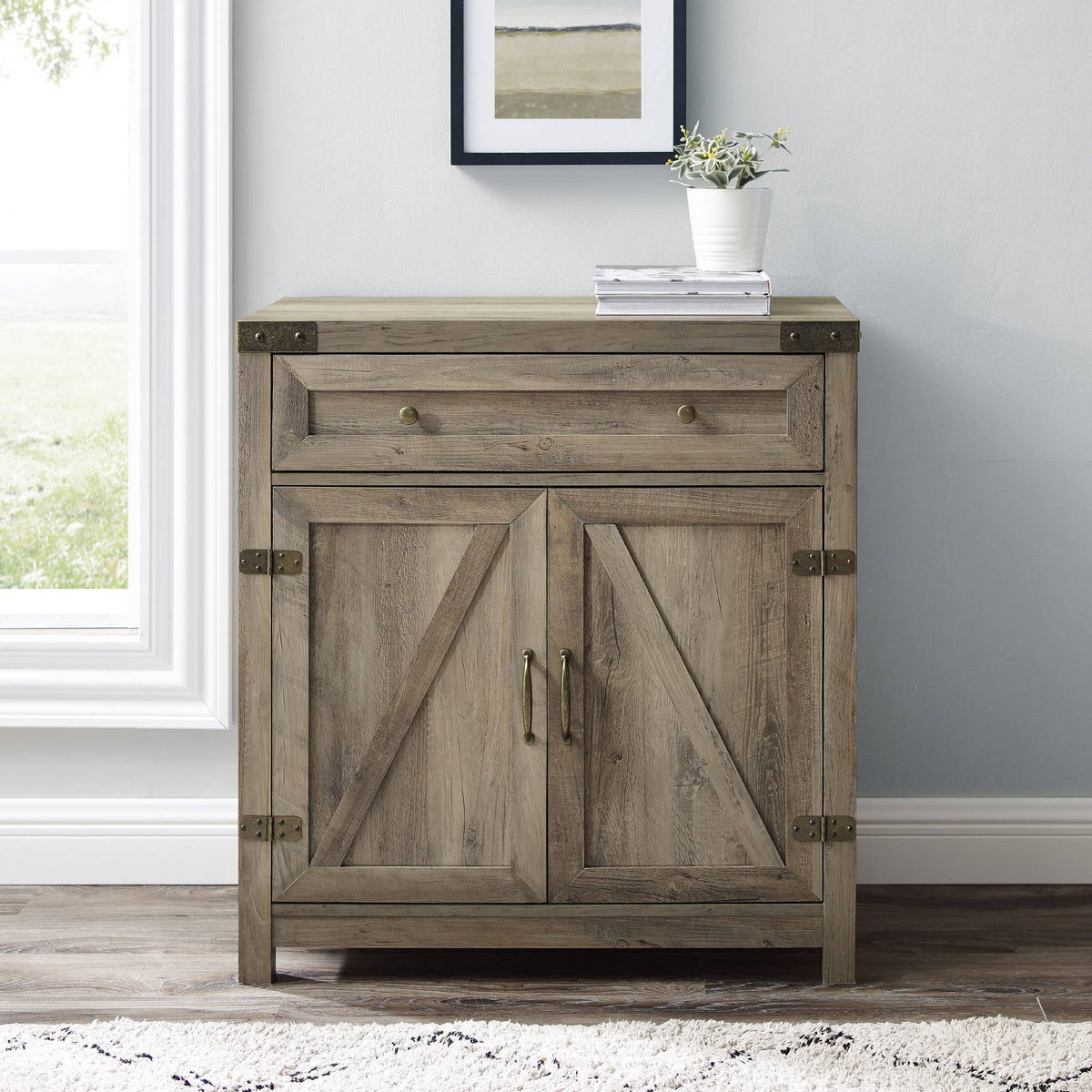 Rustic Farmhouse Barn Door Accent Cabinet Gray Wash L53249