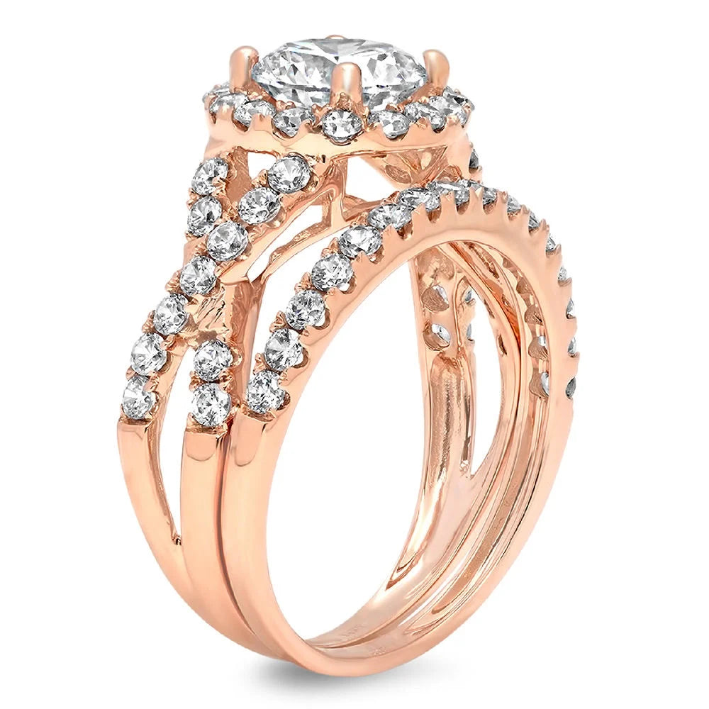 18K Rose Gold Halo Engagement Ring with Crystal Side Stones P16870