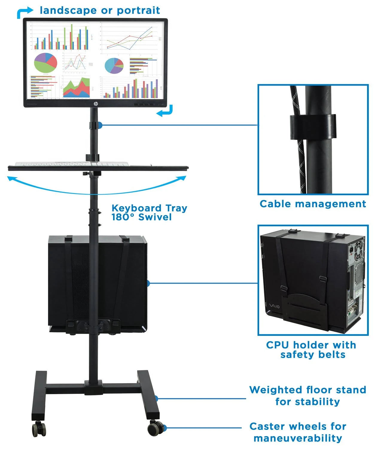 Black Mobile Cart with Monitor Mount and CPU Holder N455