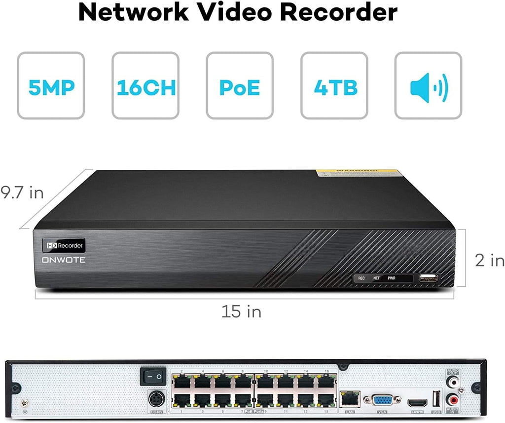 16 Channel 5MP PoE Security Camera System 4TB, 16 Outdoor Audio IP Cameras Wide Angle C1845