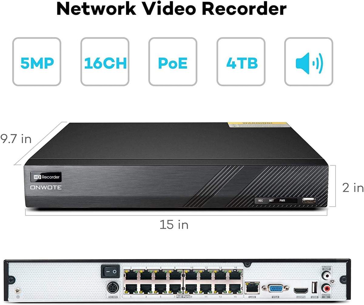 16 Channel 5MP PoE Security Camera System 4TB, 16 Outdoor Audio IP Cameras Wide Angle C1845