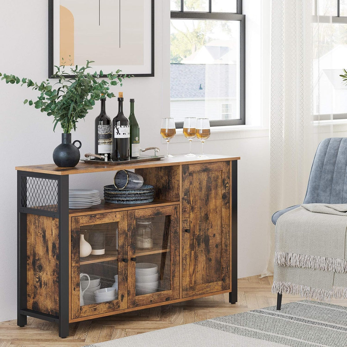 Rustic Brown and Black Floor Storage Cabinet with Transparent Doors V507497