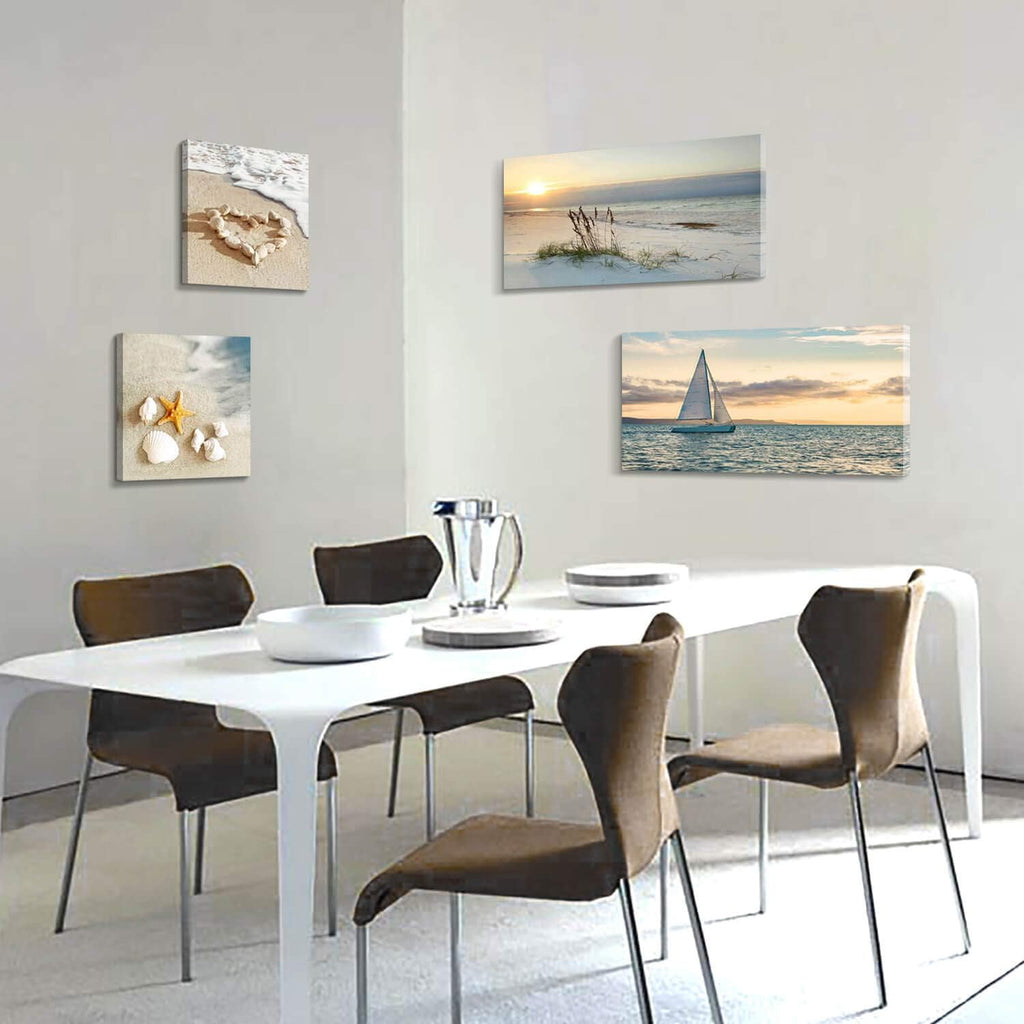 Sunset Canvas Art Seascape Painting with Sailboat Wall Art, 32'' x 16'' x 2 Panels + 16'' x 16'' x 2 Panels G213