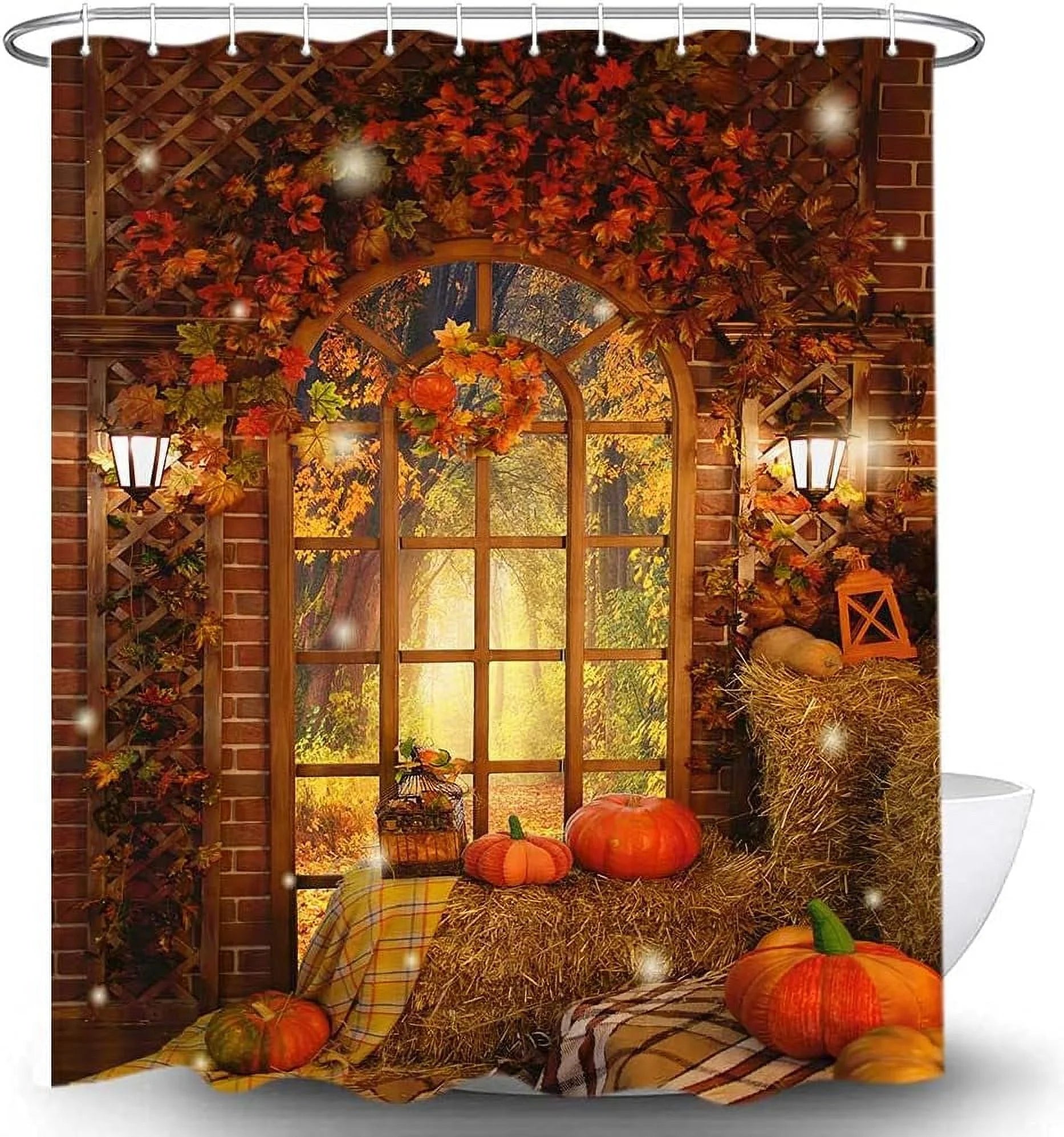 Harvest Pumpkin Fall Maple Leaf Fabric Waterproof Shower Curtain Sets with Hooks 60 x 70 inch S566862