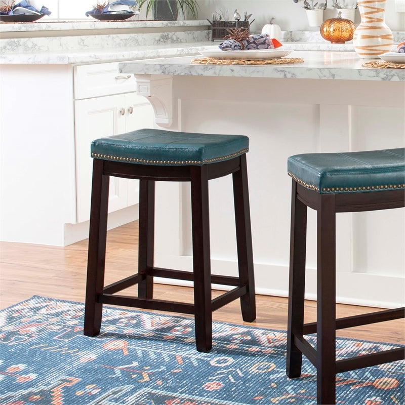 Blue Wood Faux Leather Counter Stool O944