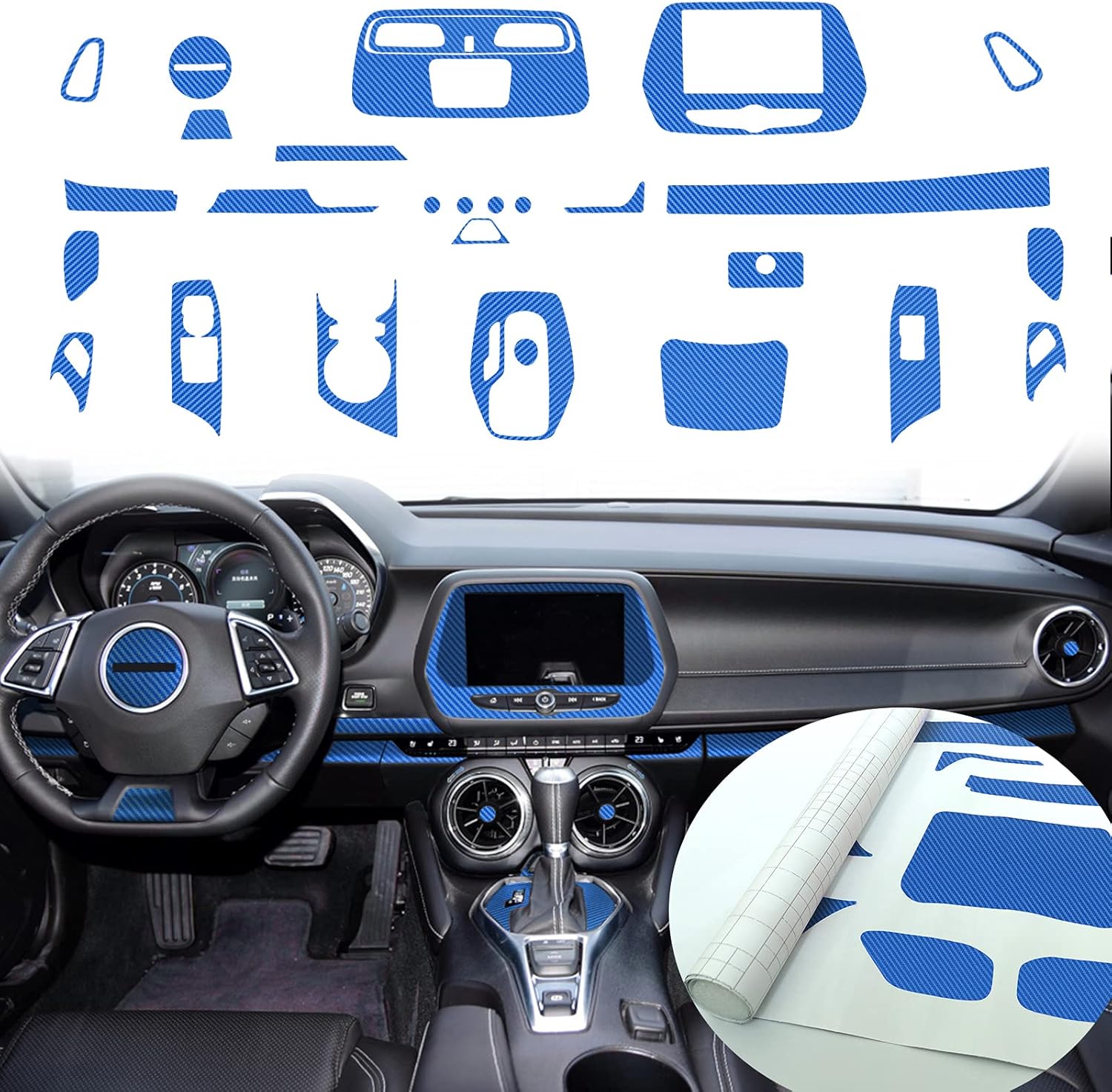Carbon Fiber Texture Vinyl Wrap Center Console Dashboard Cover for Chevrolet Camaro 28PCS Blue O995138