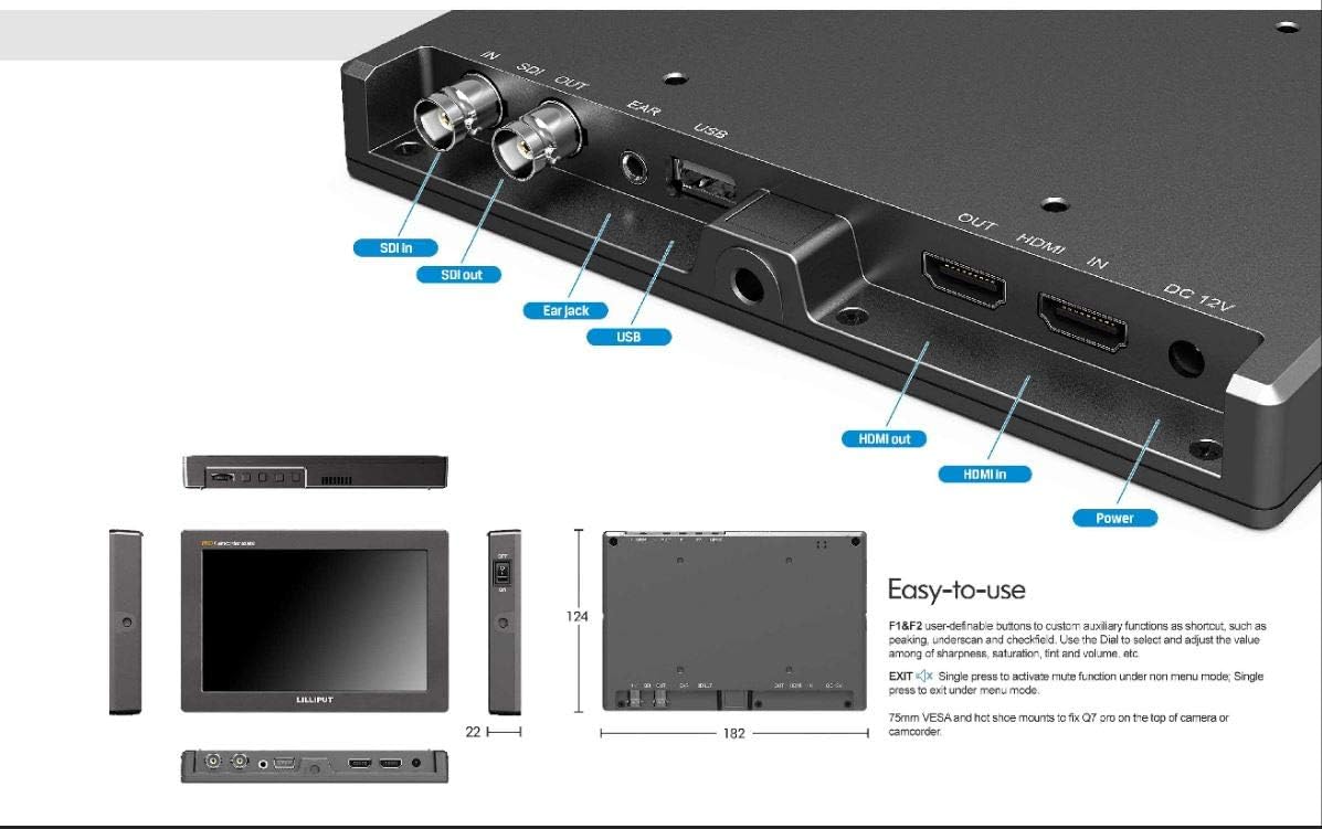 7 Q7 Pro Field Monitor 1920x1200 Metal with HDR 3D-LUT SDI/HDMI Cross Conversion Waveform Peaking Precise Color Calibration Gamma Adjustment + Pisen LP-E6 Battery D80737