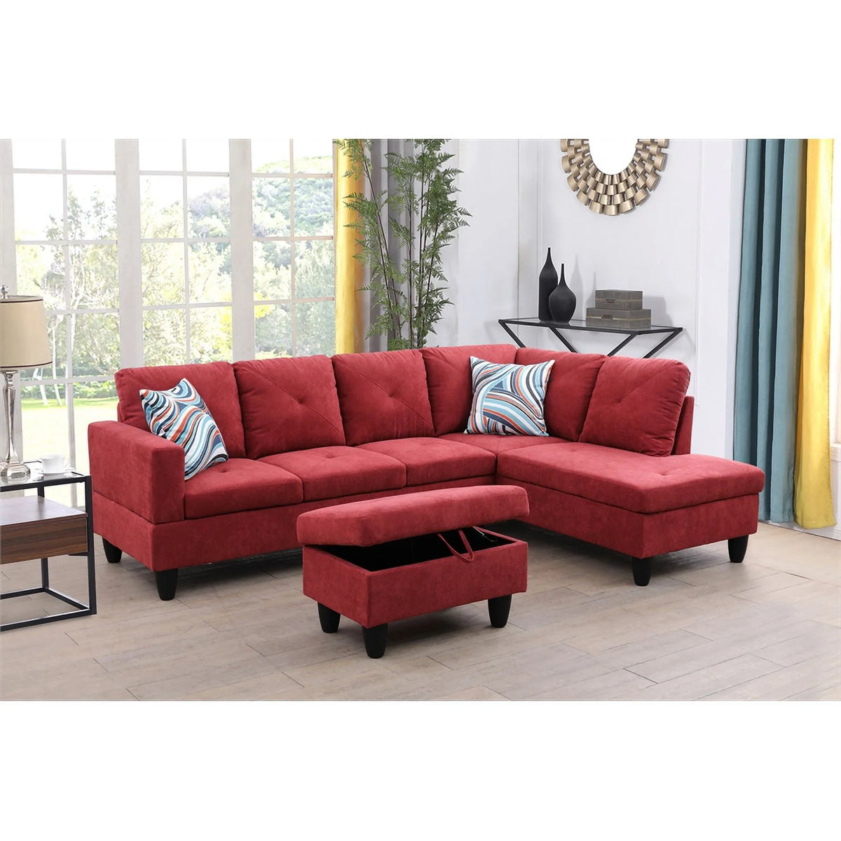 Red L Shaped Microfiber Couch with Storage Ottoman M694657