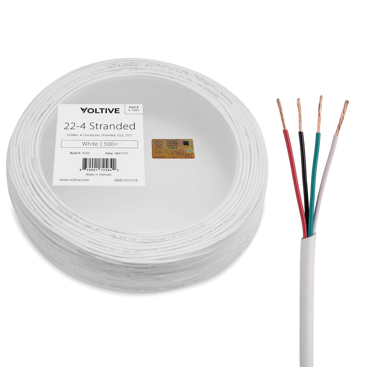22/4 Stranded CL3 Rated Oxygen-Free Copper Alarm Wire 500 Foot Coilpack White E27840