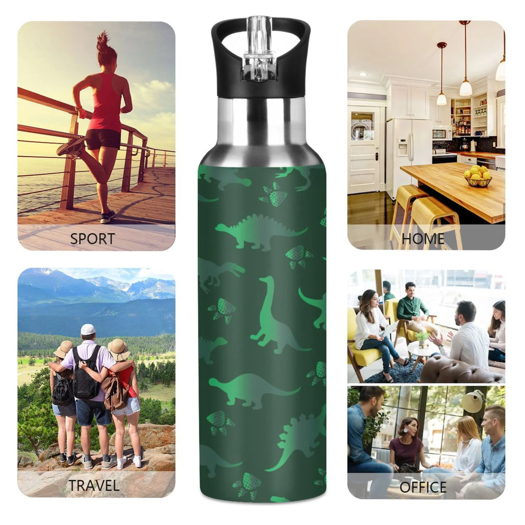Green Dinosaur Pattern Stainless Steel Insulated Water Bottle with Straw Lid L831563