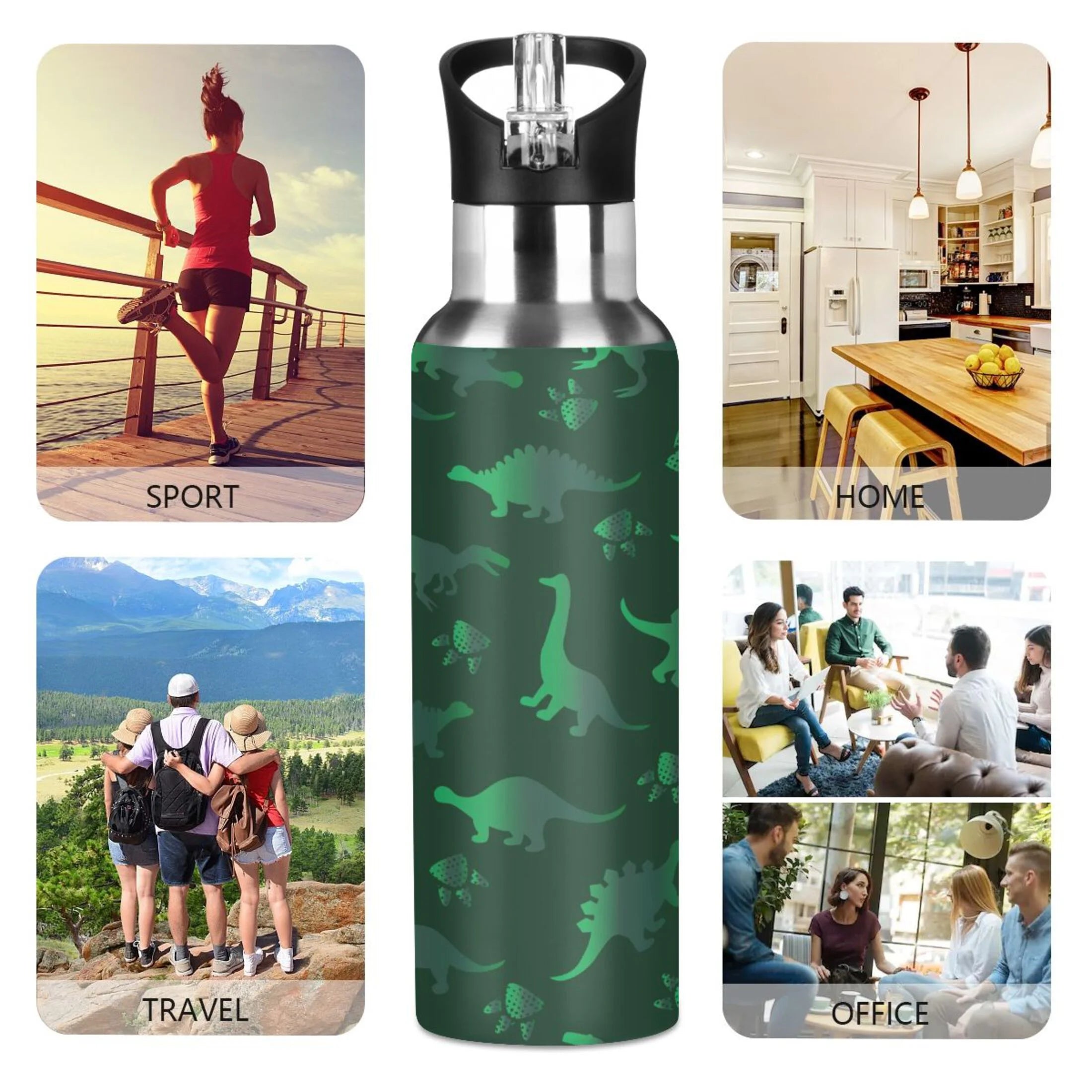Green Dinosaur Pattern Stainless Steel Insulated Water Bottle with Straw Lid L831563