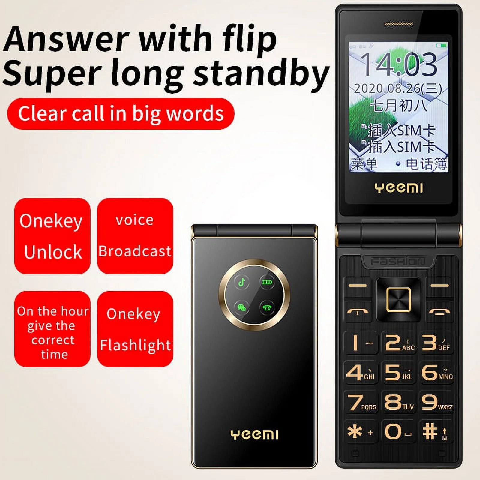 Black GSM Flip Cellphone with SOS Call, Speed Dial, Flashlight, Large Key K142272