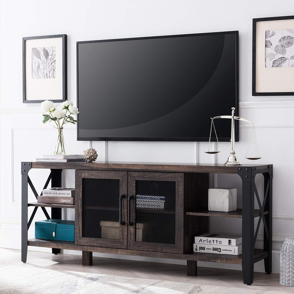 Large TV Stand with Metal Side X-Frame, Light Rustic Oak N165