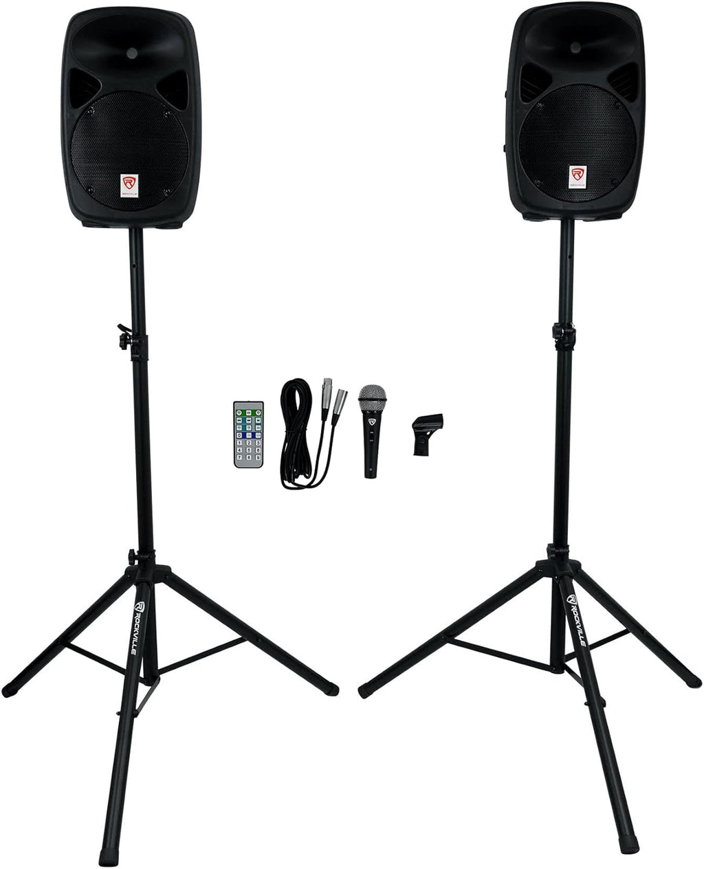 Dual 10" Powered Speakers PA System with Bluetooth, Mic, Stands A504169
