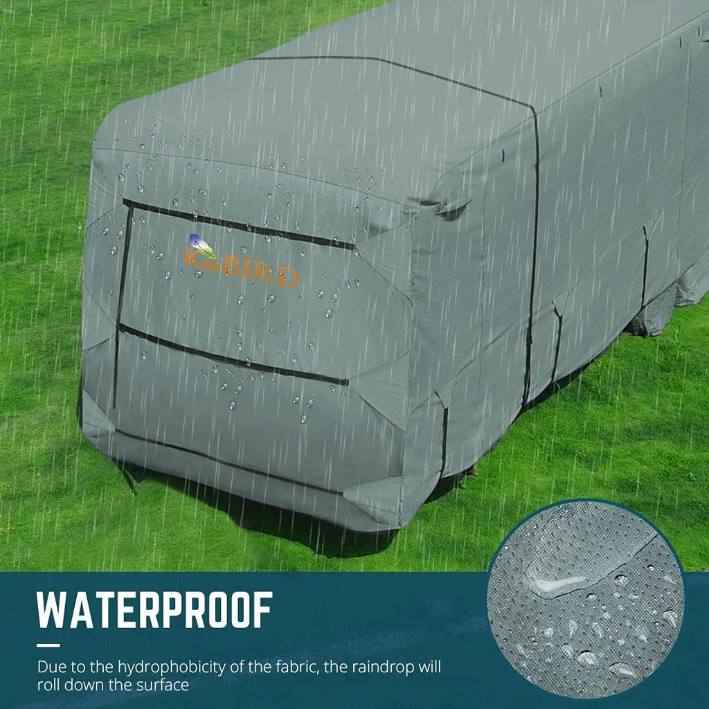 Extra-Thick 4 Layers Travel Trailer RV Cover with 2Pcs Extra Straps & 4 Tire Covers Q7090