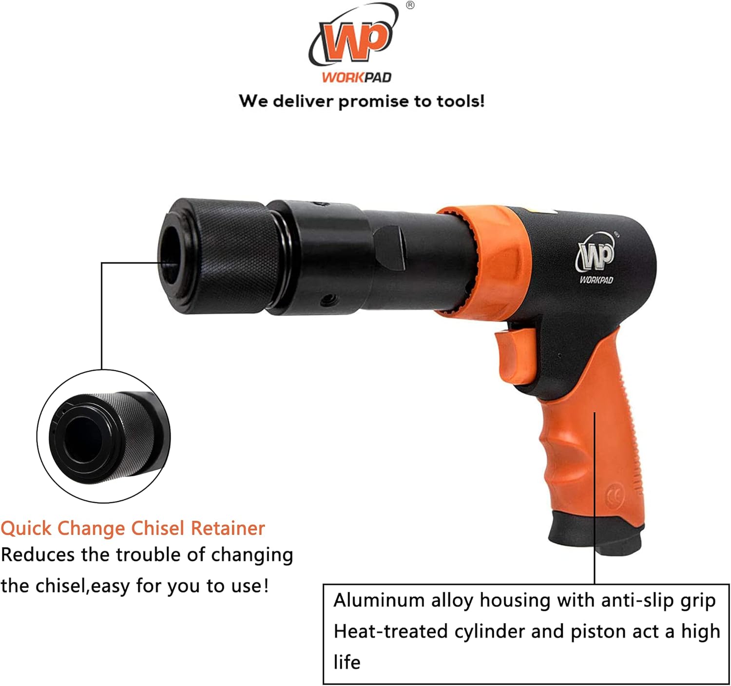 190mm Long Barrel Air Hammer with Quick Change Chisel Retainer and 4-Piece Chisels Set M9229